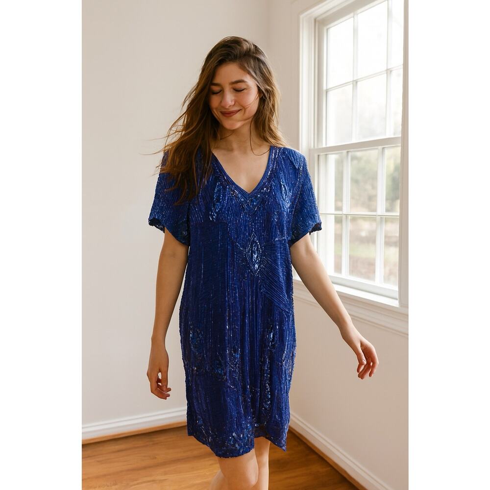 VTG Oversize Silk Beaded Sheath Party Dress - XL Blue Boxy Sparkly Wedding Guest